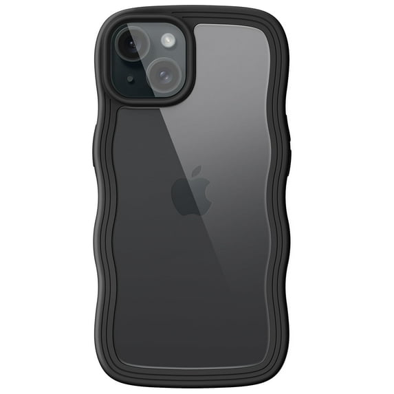 JETech Cute Case for iPhone 15 Plus 6.7-Inch, Wave Frame Curly Shape Shockproof Phone Cover for Women and Girls, Clear Hard PC Back (Black)
