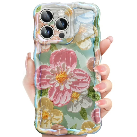 JETech Cute Case for iPhone 13 Pro Max 6.7-Inch, Colorful Retro Oil Painting Floral Design Curly Wave Frame, Stylish Flower TPU Soft Protective Phone Cover for Women and Girl (Pink Flower)