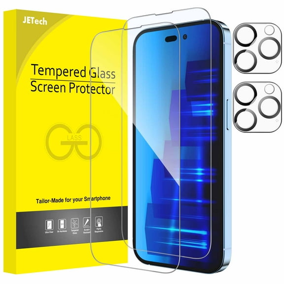 JETech Full Coverage Screen Protector for iPhone 14 Pro 6.1-Inch with Camera Lens Protector, Tempered Glass Film, HD Clear, 2-Pack Each