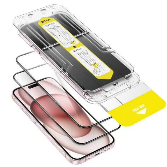 JETech Full Coverage Screen Protector for iPhone 15 6.1-Inch, 10-Second Super Easy Installation with One-Step Alignment Tray, Bubble-Free Tempered Glass Film, HD Clear, 2-Pack
