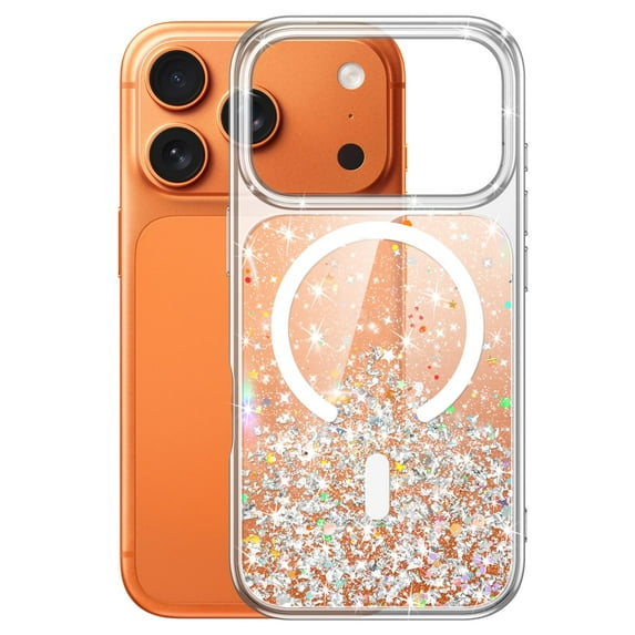 JETech Glitter Case for iPhone 17 Pro 6.3-Inch Compatible with MagSafe, Clear Cute Bling Sparkle for Women and Girls, Shiny Shockproof Magnetic Sparkly Phone Cover (Orange)