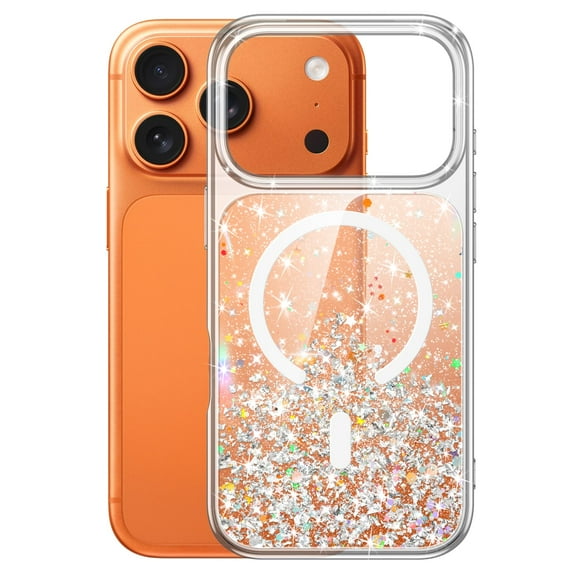 JETech Glitter Case for iPhone 17 Pro Max 6.9-Inch Compatible with MagSafe, Clear Cute Bling Sparkle for Women and Girls, Shiny Shockproof Magnetic Sparkly Phone Cover (Orange)