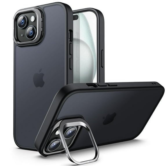 JETech Kickstand Case for iPhone 15 6.1-Inch, Built-in Adjustable Camera Stand, Military Grade Drop Protection, Frosted Translucent Matte Back Shockproof Phone Cover (Black)
