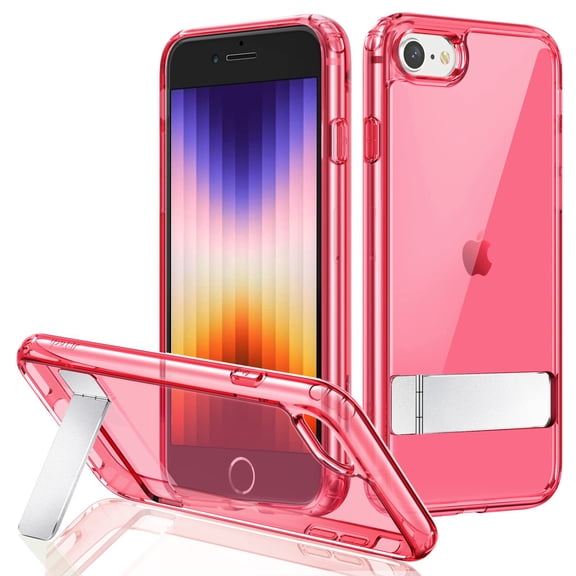 JETech Kickstand Case for iPhone SE 3/2 (2022/2020 Edition), iPhone 8/7, 4.7-Inch, Support Wireless Charging, Slim Shockproof Bumper Phone Cover, 3-Way Metal Stand (Red)