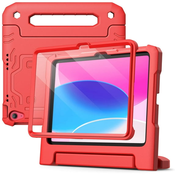 JETech Kids Case for iPad (A16) 11th/10th Generation (2025/2022) with Built-in Screen Protector, Shockproof Full-Body Handle Stand Tablet Protective Cover (Red)