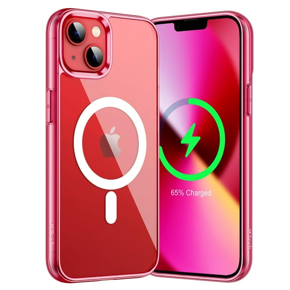 JETech Magnetic Case for iPhone 13 Mini 5.4-Inch Compatible with MagSafe Wireless Charging, Shockproof Phone Bumper Cover, Anti-Scratch Clear Back (Red)