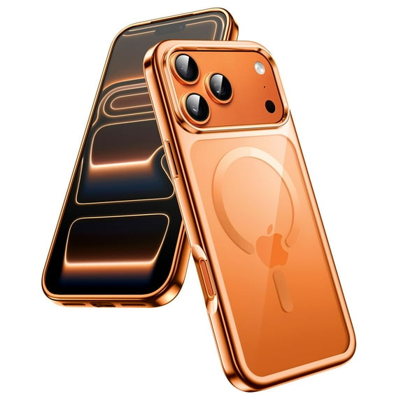JETech Magnetic Case for iPhone 17 Pro 6.3-Inch, Compatible with MagSafe, Soft Electroplated TPU Frame with Hard Clear PC Back, Shockproof Phone Cover (Orange)