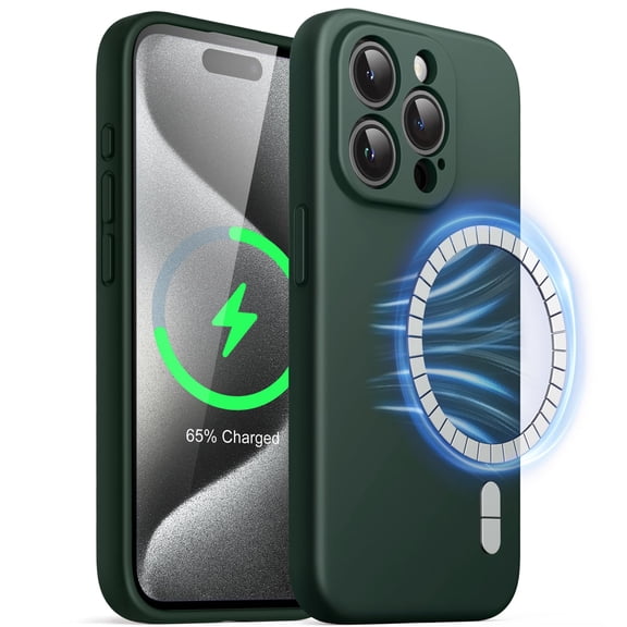 JETech Magnetic Silicone Case for iPhone 15 Pro Max 6.7-Inch, Compatible with MagSafe, Phone Cover with Camera Lens Full Protection (Midnight Green)