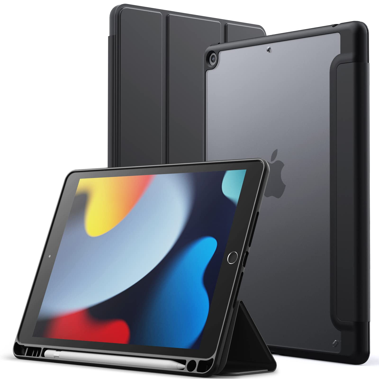 JETech Matte Case for iPad 9/8/7 (10.2-Inch, 2021/2020/2019 Model, 9th/8th/7th Generation) with Pencil Holder, Frosted Translucent Back Slim Stand Protective Tablet Cover (Black)