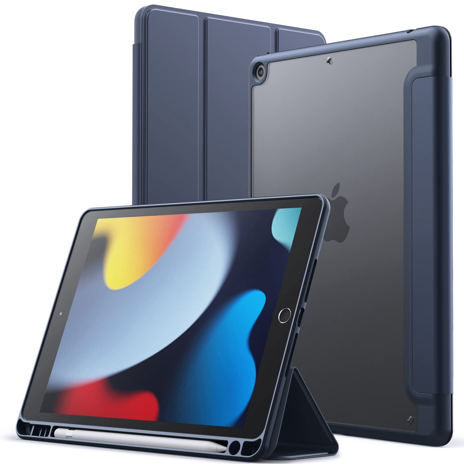 JETech Matte Case for iPad 9/8/7 (10.2-Inch, 2021/2020/2019 Model, 9th/8th/7th Generation) with Pencil Holder, Frosted Translucent Back Slim Stand Protective Tablet Cover (Navy)