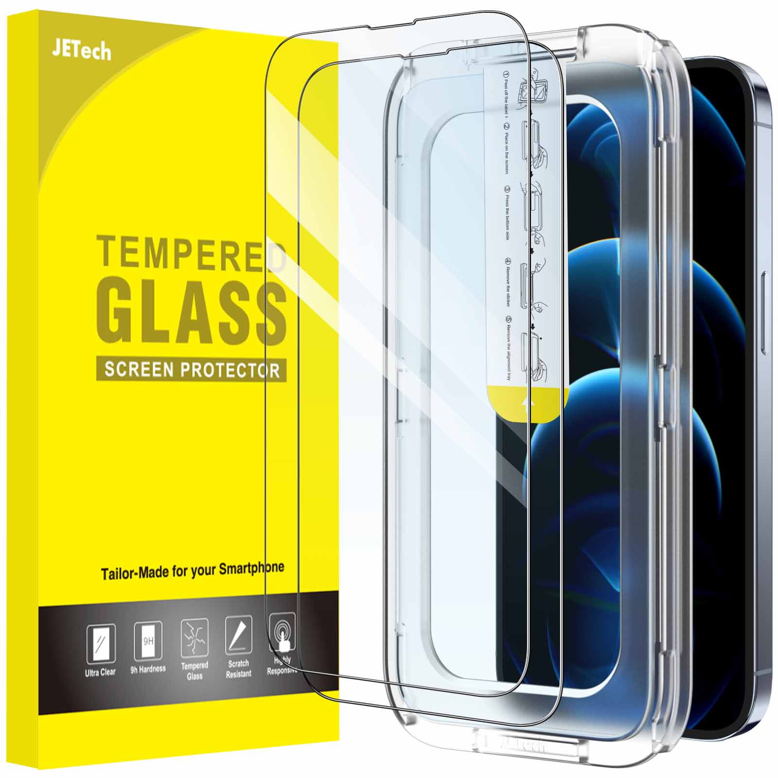 JETech One Touch Install Screen Protector for iPhone 14 Pro Max 6.7-Inch,  Full Coverage Tempered Glass Film, Auto Alignment Tool Kit, HD Clear, 2-Pack