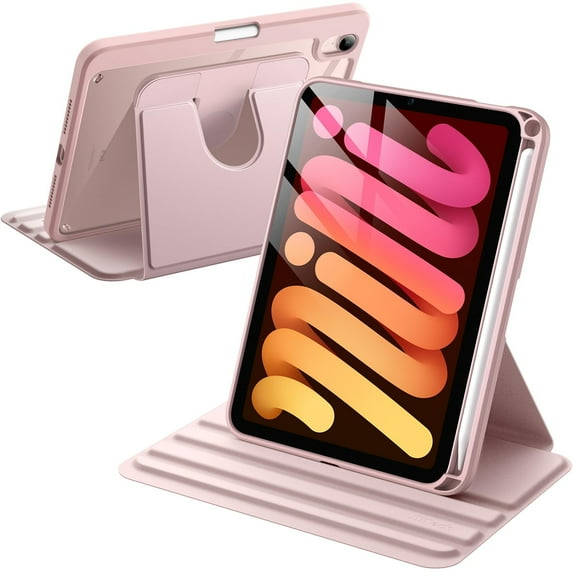 JETech Rotating Case for iPad mini (A17 Pro, 2024 Model, 7th Generation) / mini 6 (2021 Model, 6th Generation) with Pencil Holder, 360 Degree Rotation Protective Stand Cover Clear Back (Pink)