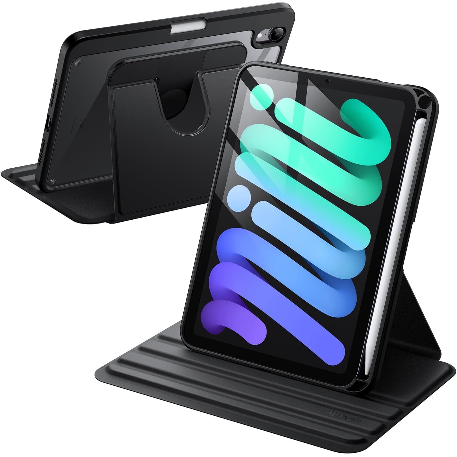 JETech Rotating Case for iPad mini (A17 Pro, 2024 Model, 7th Generation) / mini 6 (2021 Model, 6th Generation) with Pencil Holder, 360 Degree Rotation Protective Stand Cover Clear Back (Black)