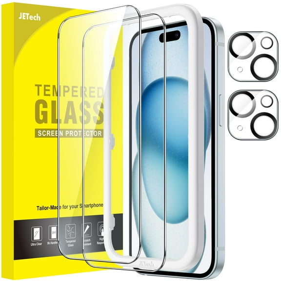 JETech Screen Protector for iPhone 15 Plus 6.7-Inch with Camera Lens Protector, Easy Installation Tool, Tempered Glass Film, HD Clear, 2-Pack Each