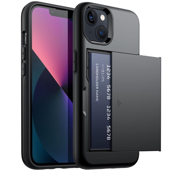 JETech Wallet Case for iPhone 13 6.1-Inch with Card Holder, Dual Layer Shockproof Protective Phone Cover, Sliding Hidden Slot (Black)