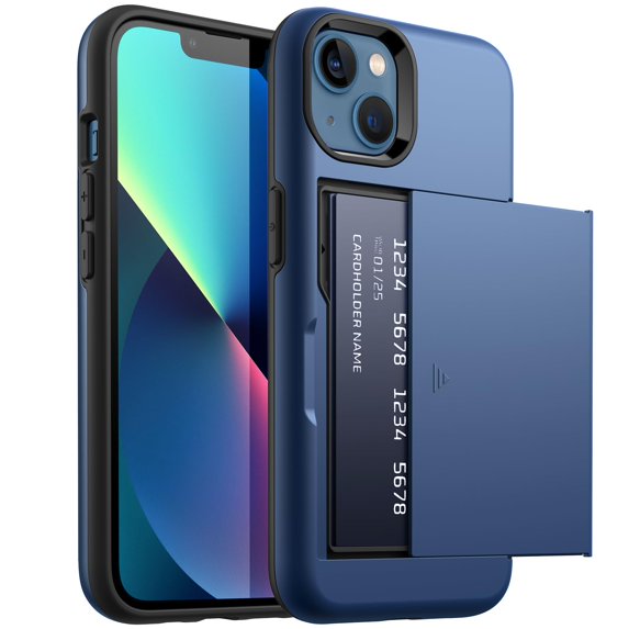 JETech Wallet Case for iPhone 13 6.1-Inch with Card Holder, Dual Layer Shockproof Protective Phone Cover, Sliding Hidden Slot (Blue)