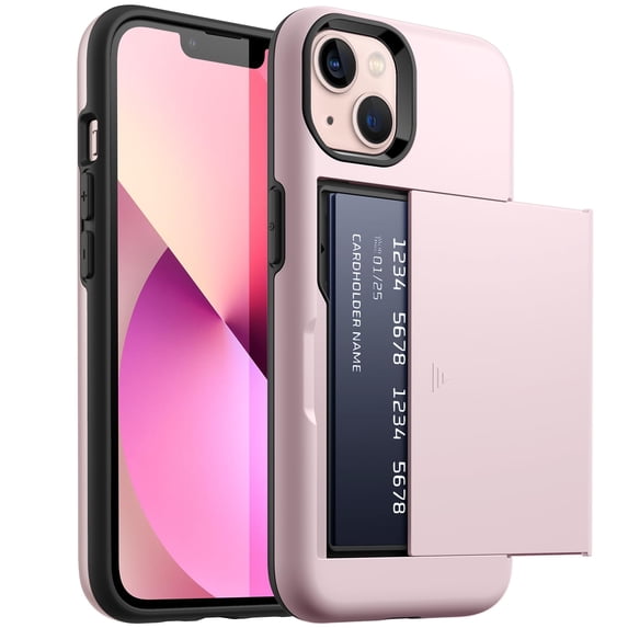 JETech Wallet Case for iPhone 13 6.1-Inch with Card Holder, Dual Layer Shockproof Protective Phone Cover, Sliding Hidden Slot (Pink)