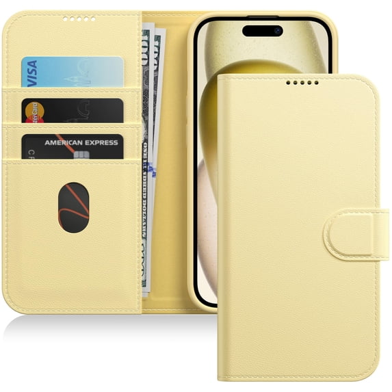 JETech Wallet Case for iPhone 15 6.1-Inch, Shockproof PU Leather Magnetic Flip Cover with Card Holder, Stand Feature and Full Camera Protection (Yellow)