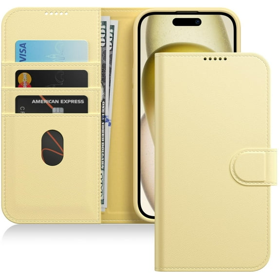 JETech Wallet Case for iPhone 15 Plus 6.7-Inch, Shockproof PU Leather Magnetic Flip Cover with Card Holder, Stand Feature and Full Camera Protection (Yellow)