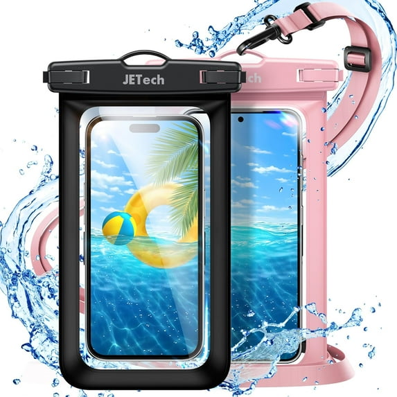 JETech Waterproof Phone Pouch, Water Proof Case for iPhone 16 15 14 13 12 Pro Max Plus, for Samsung Galaxy S24 S23 Ultra and Others up to 7.2 Inch, IPX8 Dry Bag with Lanyard, 2 Pack (Black+Pink)