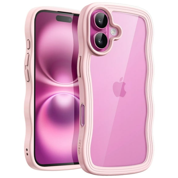 JETech Wavy Case for iPhone 16 6.1-Inch, Cute Wave Frame Curly Shape Shockproof Phone Cover for Women and Girls, Clear Hard PC Back (Pink)