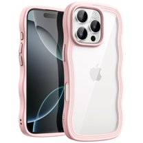 JETech Wavy Case for iPhone 16 Pro 6.3-Inch, Cute Wave Frame Curly Shape Shockproof Phone Cover for Women and Girls, Clear Hard PC Back (Pink)