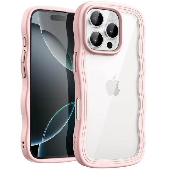 JETech Wavy Case for iPhone 16 Pro Max 6.9-Inch, Cute Wave Frame Curly Shape Shockproof Phone Cover for Women and Girls, Clear Hard PC Back (Pink)