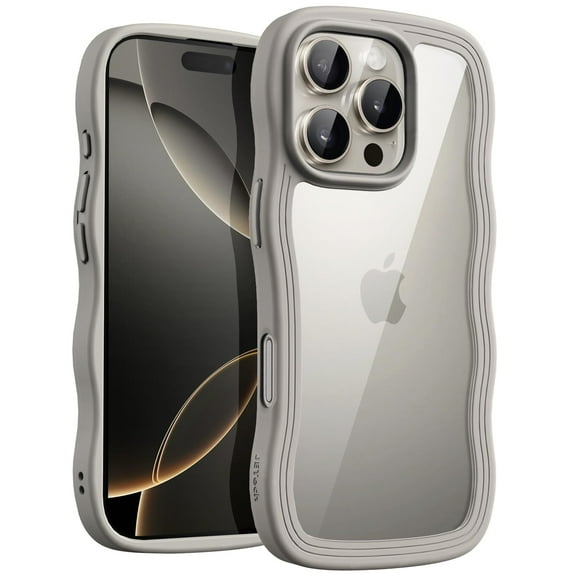 JETech Wavy Case for iPhone 16 Pro 6.3-Inch, Cute Wave Frame Curly Shape Shockproof Phone Cover for Women and Girls, Clear Hard PC Back (Natural Titanium)
