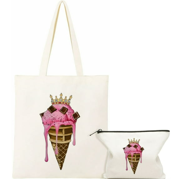 JEUXUS 2 Pcs Canvas Tote Bags Cute Aesthetic Tote Bags with Zipper Ice Cream Queen Portable Tote Bag White