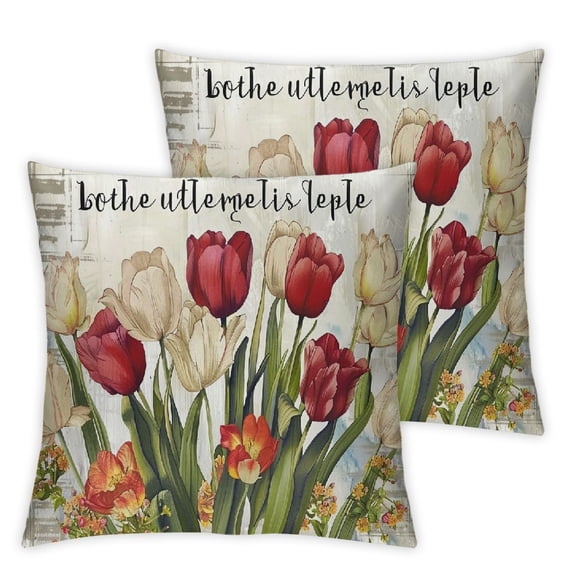 JEUXUS 2-Piece Short Plush Pillowcase Set Printed on Both Sides Country Farmhouse Spring Tulips Spring Sign White