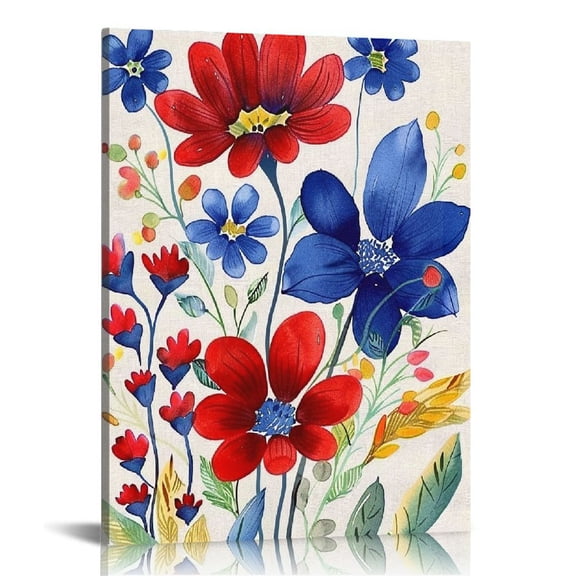 JEUXUS 4th of July Framed Canvas Wall Art for Living Room Flower Floral Branch Leaves Wall Decor, Memorial Patriotic Liberty Aesthetic for Kitchen, Ready to Hang Wall Pictures 16x20 in