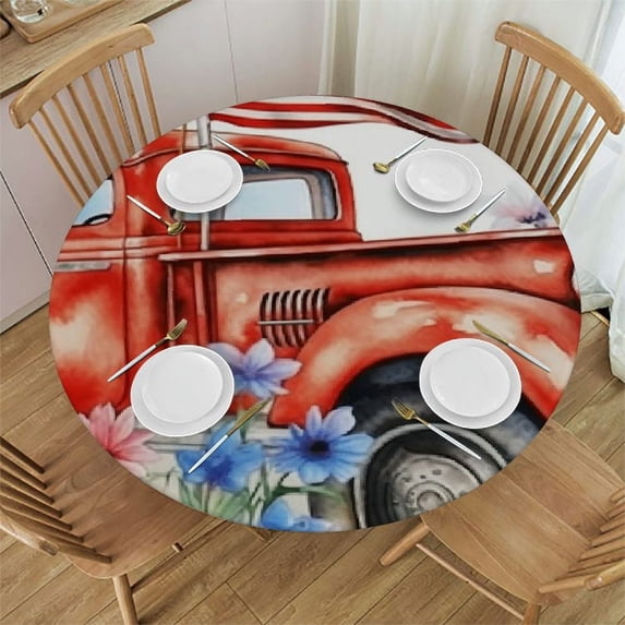 RUIYC 4th of July Round Fitted Tablecloth Elastic American Flag Truck Independence Day Waterproof Table Cloth Red Poppies and Birds Round Table Cover for Holiday Party