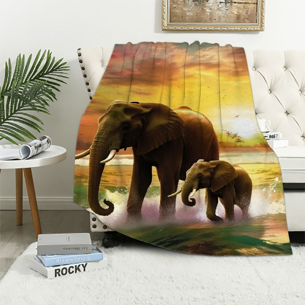 JEUXUS 50"x80" Colorful Seaside Elephants Blanket Soft Fluffy Throw for