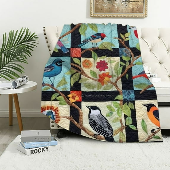 JEUXUS ART & ARTIFACT Backyard Birds Quilted Throw Blanket Afghan, Cotton,