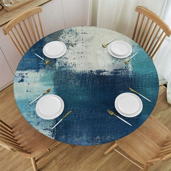JEUXUS Abstract Art Painting Gray and Teal Table Cloth Turquoise Round Tablecloth Waterproof Dining Table Cover Modern Tablecloths for Round Tables Kitchen Dining Room Indoor Outdoor White