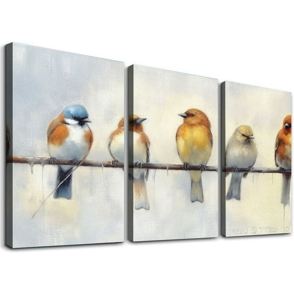JEUXUS Abstract Birds Canvas Wall Art: Colorful Birds on Wire Picture Sparrow Painting Artwork for Living Room 12''x16''X3 Panels