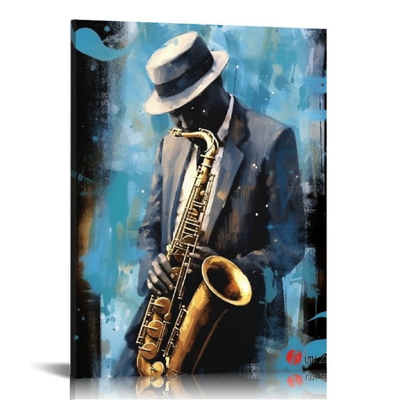 JEUXUS Abstract Jazz Musician Framed Canvas Wall Art Saxophone Musical Instrument Picture Giclee Retro Artwork Home Decor Stretched and Framed for Bedroom Living Room Dance 16x20in 16x20 in