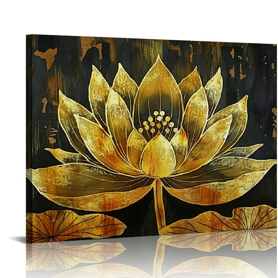 JEUXUS Abstract Lotus Canvas Wall Art Water Lily Flower Picture Print Artworks Gold and Black Floral Painting Poster for Bedroom Living Room Home Wall Decor Stretched and Framed Ready to Hang