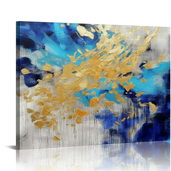 JEUXUS Abstract Modern Canvas Wall Art Painting: Blue Artwork Gold Foil Painted Picture White Grey Background Print for Office Home Living Room Wall Decor 20x16in