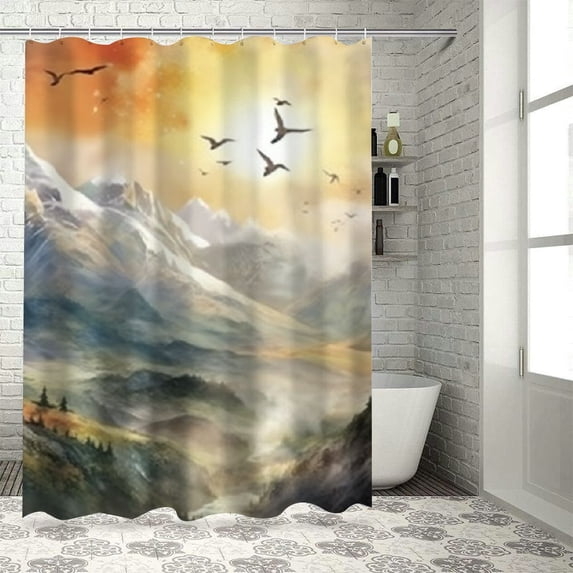 JEUXUS Abstract Mountain Scenery Shower Curtain Multiple Sizes Durable and Washable White