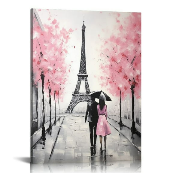 JEUXUS Abstract Paris Canvas Wall Art: Black White Eiffel Tower Hand Painted Oil Painting, Pink and Grey Picture Print Room Decor for Teen Girls Bedroom Bathroom 16x20 inch
