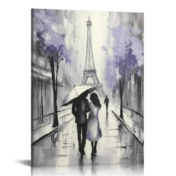 JEUXUS Abstract Paris Canvas Wall Art: Purple and Grey Room Decor for Teen Girls Black White Artwork Eiffel Tower Picture Print Painting Paris Decor for Bedroom Bathroom 16x20 inch