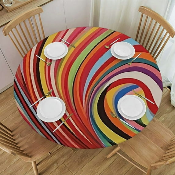 RUIYC Abstract Round Fitted Tablecloth with Elastic Edge, and Waves Print Polyester Table Cover, Fits Round Table Diameter, for Wedding Restaurant Banquet Party