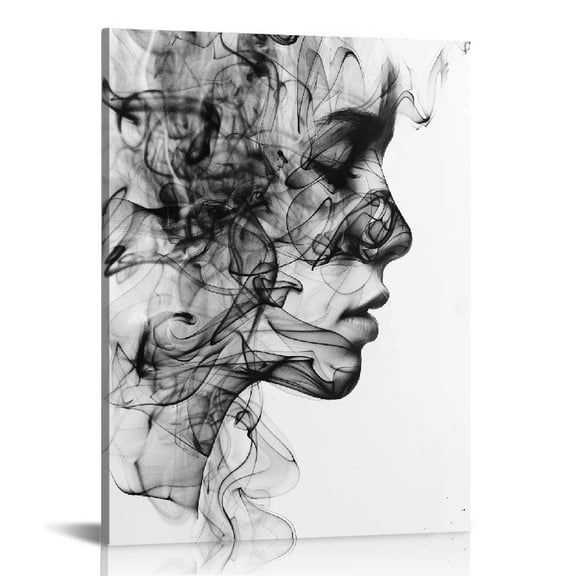 JEUXUS Abstract face silhouette from and white wall art canvas stretched on wood frame 16x20 in