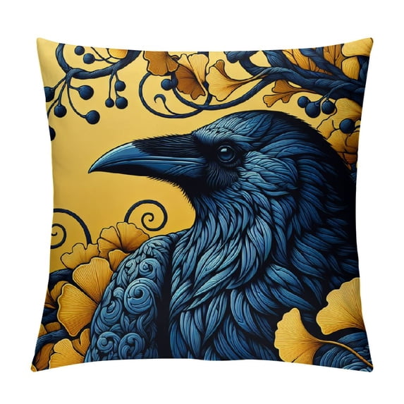 RUIYC Aesthetic Decorative Fine Crafted Yellow Blue Grey Bird Flower Vintage Ink Blue Bird Flower Short Plush Pillowcase White