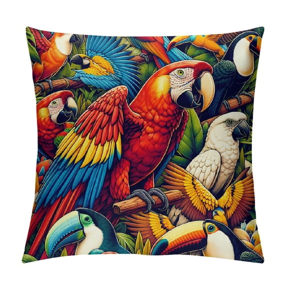 JEUXUS Aesthetic Decorative Short Plush Pillowcase Watercolor Birds Cute Toucan Parrot Wild Animal White