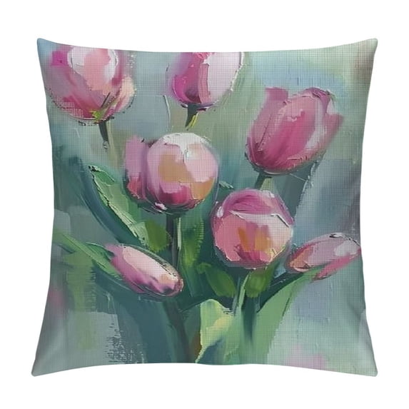 JEUXUS Aesthetic Decorative Watercolor Effect Pink Tulip Bouquet Floral Botanical Rustic Scenic Colorful Multicolor Plush Pillowcase White