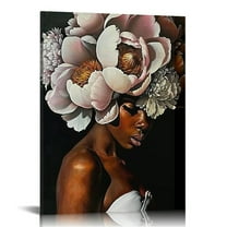 JEUXUS African American Wall Art White Flower on Black Women Head Vintage Canvas Art Paintings Modern Abstract Girl Picture Home Wall Decor for Bedroom Living Room Framed Ready to Hang 12x16 in