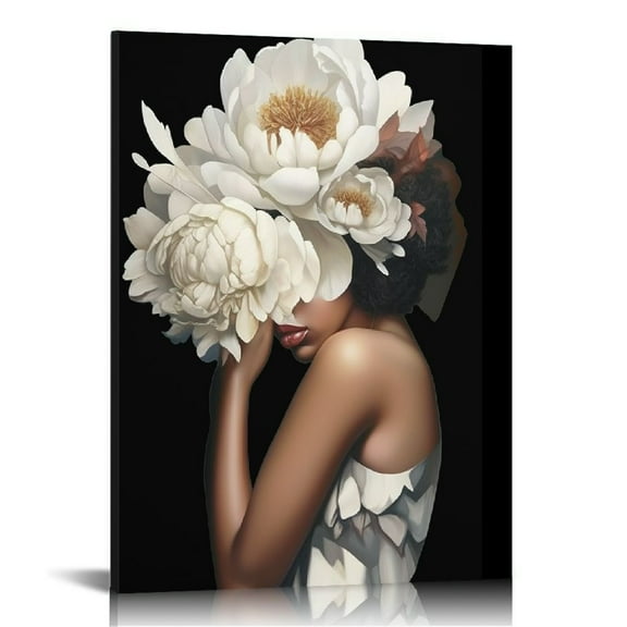 JEUXUS African American Wall Art White Flower on Black Women Head Vintage Canvas Art Paintings Modern Abstract Girl Picture Home Wall Decor for Bedroom Living Room Framed Ready to Hang  12x16 in
