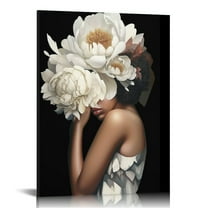 JEUXUS African American Wall Art White Flower on Black Women Head Vintage Canvas Art Paintings Modern Abstract Girl Picture Home Wall Decor for Bedroom Living Room Framed Ready to Hang 12x16 in
